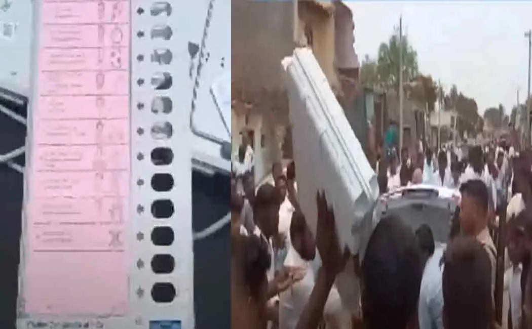 A battered voting machine; Sensation in Karnataka