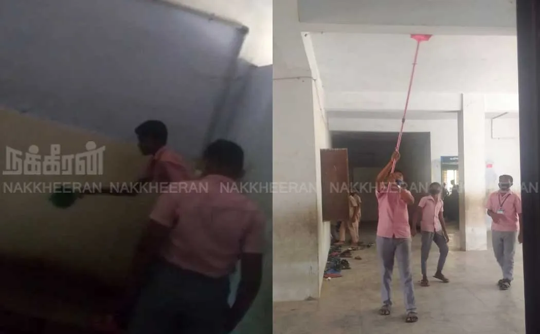 Students cleaning the school toilet