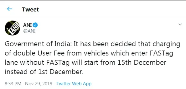 NATIONAL HIGHWAYS TOLL PLAZAS FASTAG STICKERS DATE EXTEND UNION GOVT 