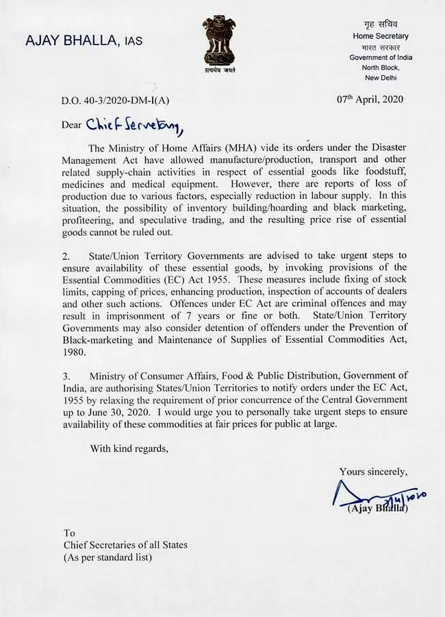 union home secretary writes letters for state government 