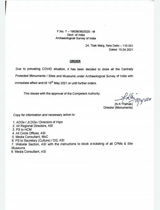 museums under Archaeological Survey of India (ASI) will be closed