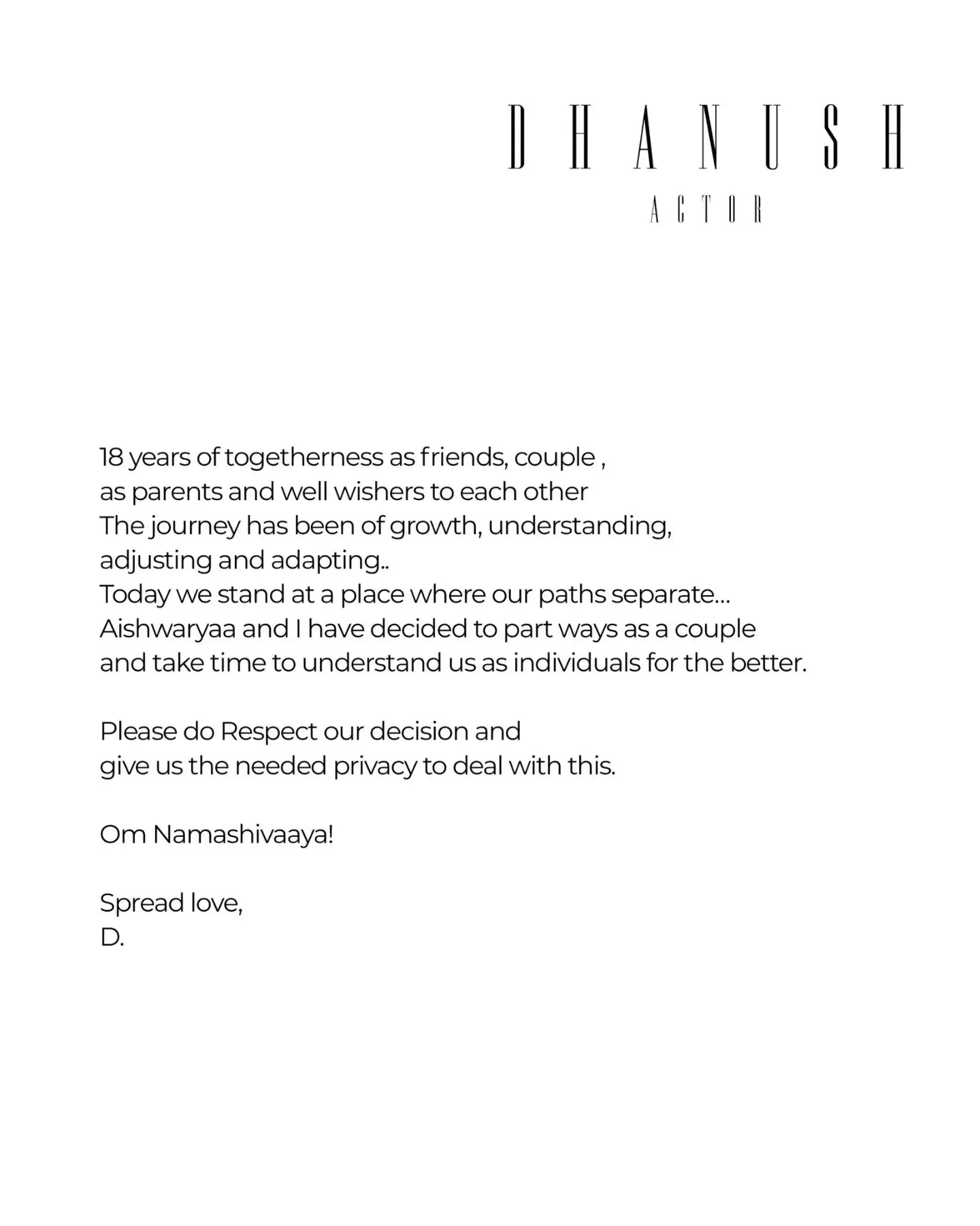 Actor Dhanush-Aishwarya couple announces separation