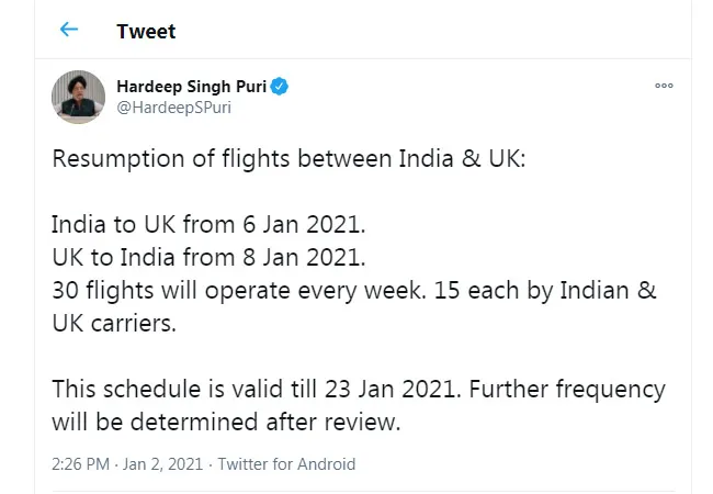 INDIA- UK FLIGHTS SERVICE RESUMING UNION CIVIL AVIATION MINISTER ANNOUNCED 