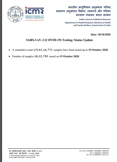 INDIA CORONAVIRUS SAMPLES TESTED ICMR 
