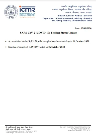 INDIA CORONAVIRUS SAMPLES TESTED ICMR 