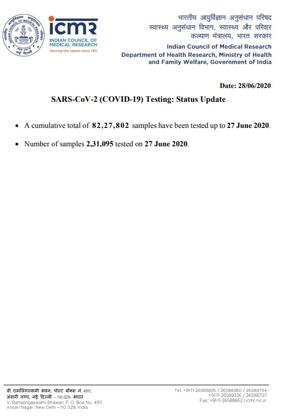 NUMBER OF SAMPLES TESTED ICMR INDIA CORONAVIRUS 