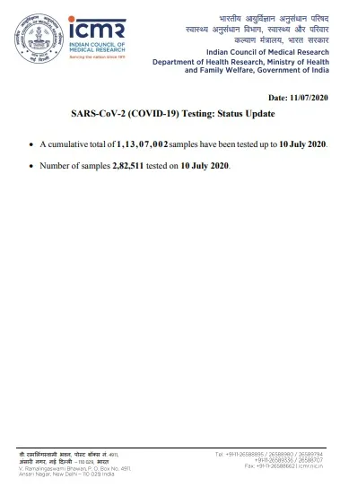 ICMR NUMBER OF SAMPLES TESTED CORONAVIRUS 