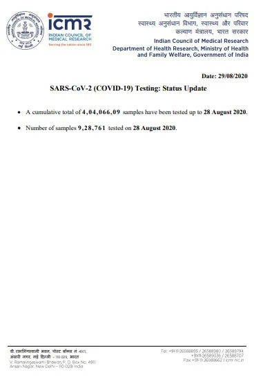 INDIA CORONAVIRUS TESTED DETAILS ICMR 