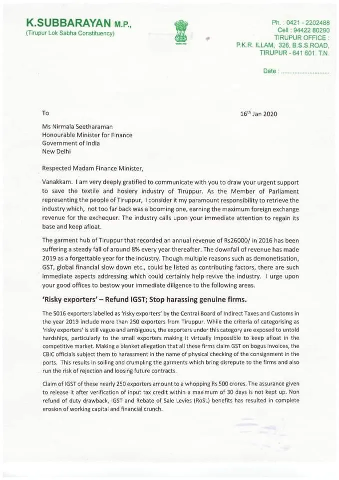 GST issue-Communist MP Subarayan letter