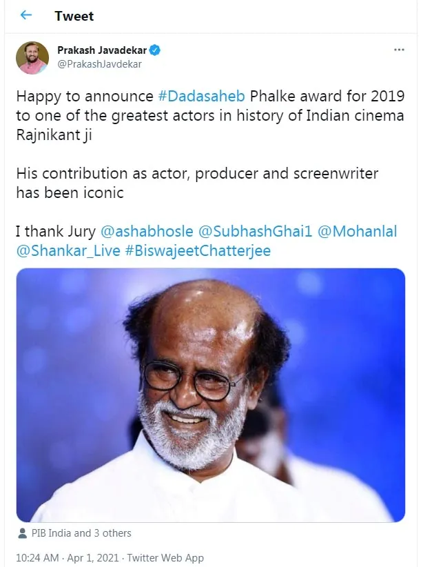 UNION MINISTER ANNOUNCED AWARDS FOR ACTOR RAJINIKANTH 