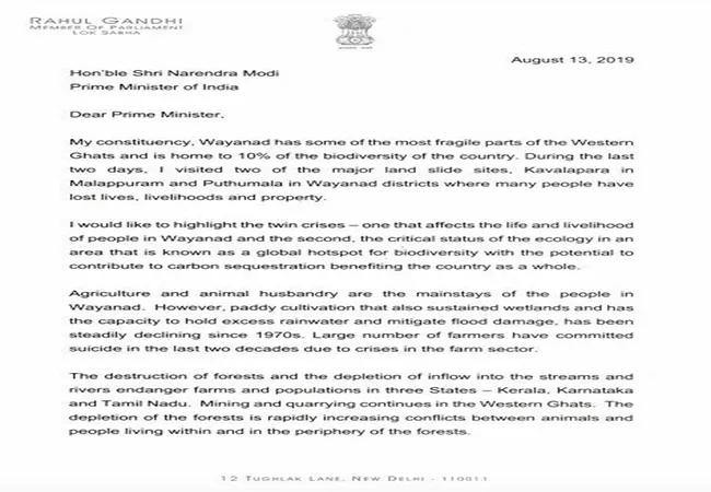 KERALA FLOOD CONGRESS PARTY RAHUL GANDHI WRITE LETTER FOR PM NARENDRA MODI