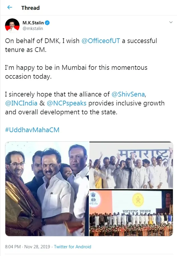 MAHARASHTRA STATE CM UDDHAV THACKERAY CEREMONY IN DMK STALIN TWEET 