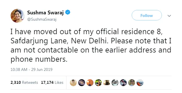 FORMER EXTERNAL MINISTER SUSHMA SWARAJ moves out of official residence in Delhi TWEET
