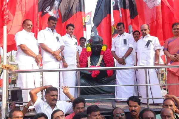 Minister Anbil Mahesh pays homage to Anna statue on her memorial day