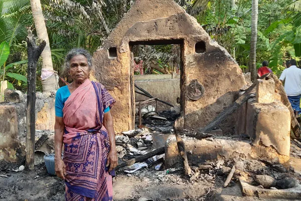 old woman tears as all the jewelry and textbooks granddaughter were burnt