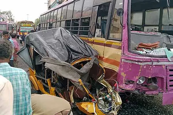 Government bus and auto collide head-on 