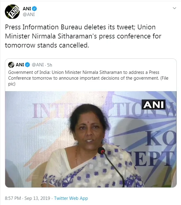 union finance minister nirmala sitharaman cancel the today press meet 