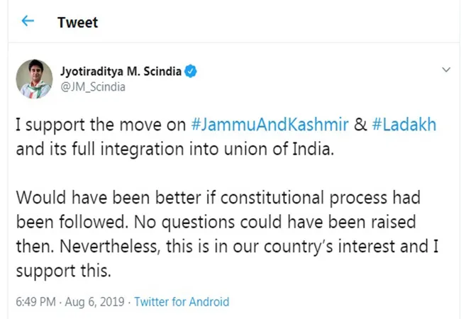 jammu and kashmir amendment bill union government support in congress leader jyotiraditya  tweet
