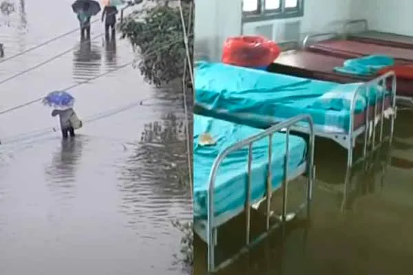 Rainwater surrounds the hospital; patients suffer as water seeps into the hospital