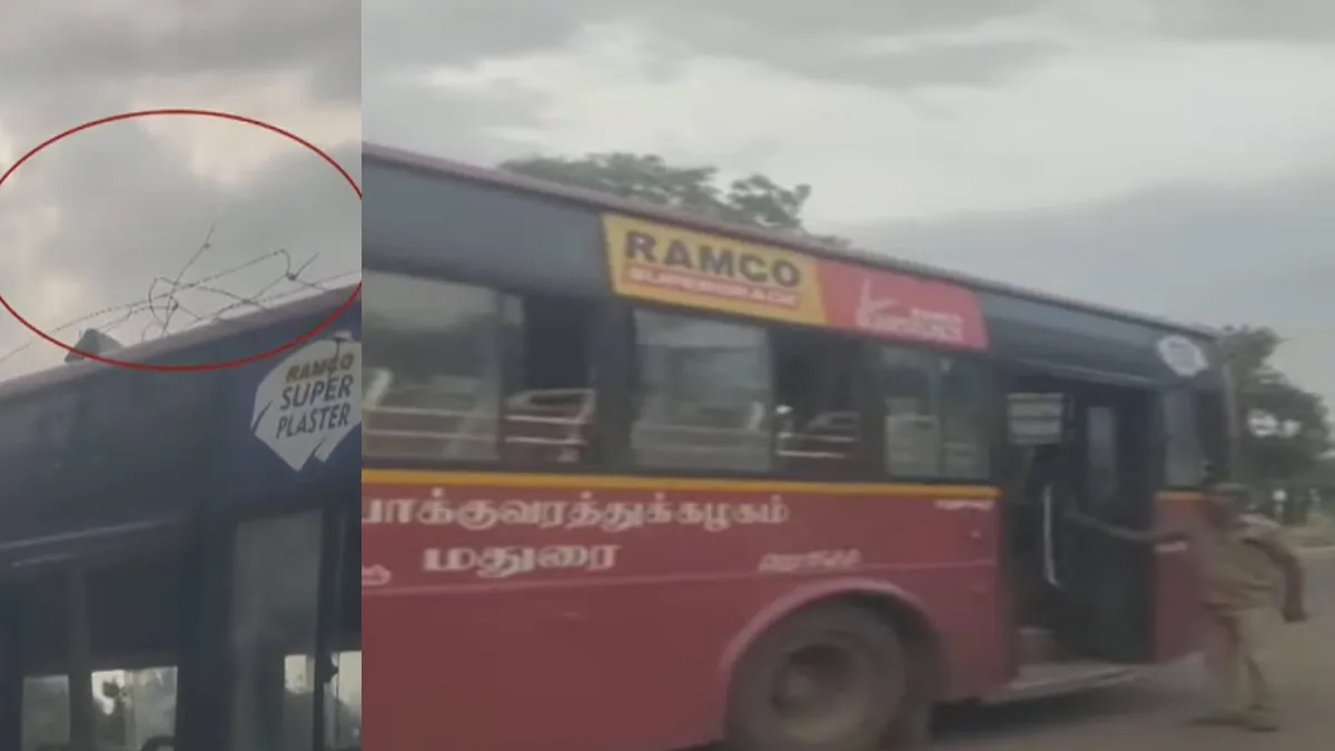 Government bus caught in electric wire. Early morning shock