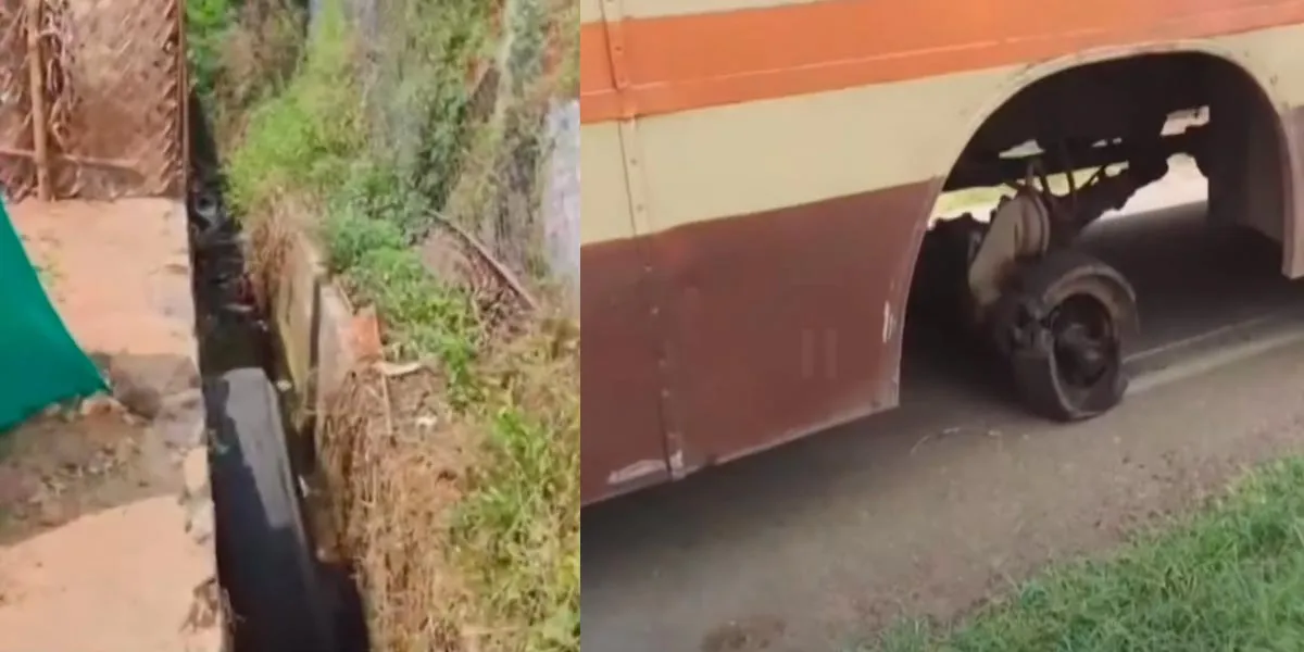 The front wheel of the bus fell into the ditch; Passengers scream