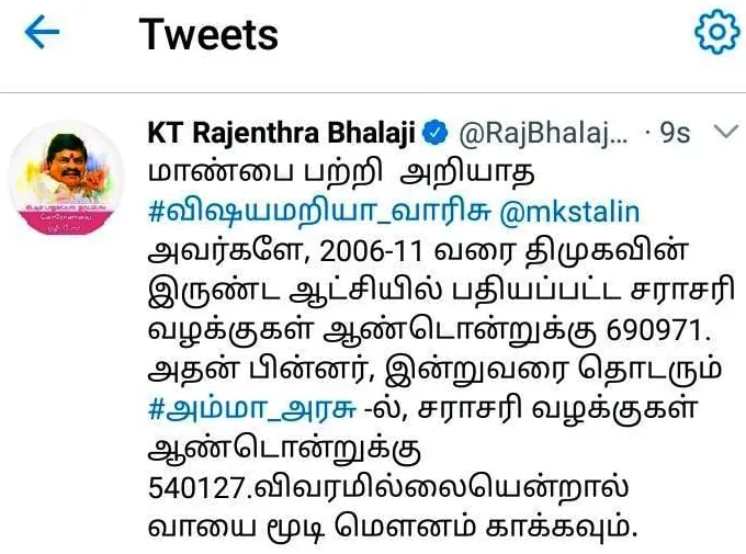 dmk mk stalin, minister rajendra balaji tweets 