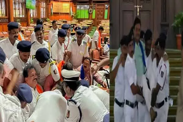  18 BJP MLAs were thrown out in a blaze A commotion after a paper was torn and thrown at the Speaker