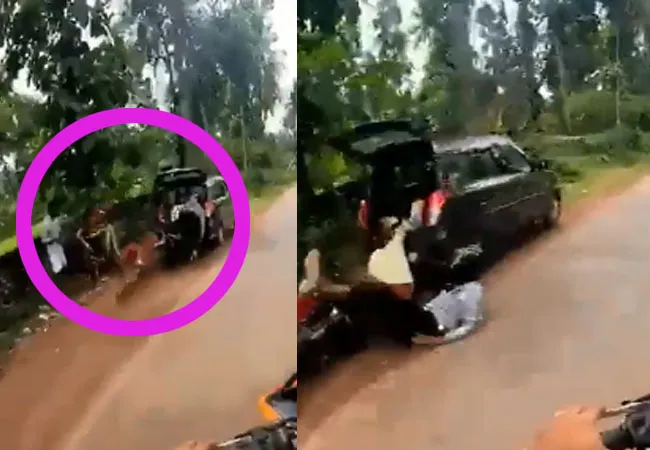A bike that hit a car parked on the side of the road!