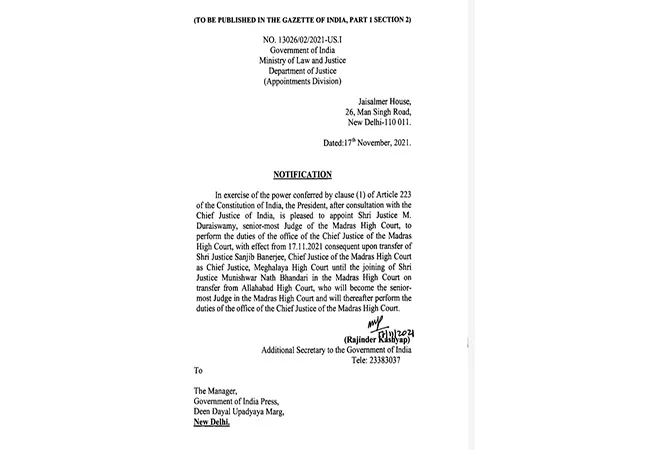 Duraisamy appointed Chief Justice of the High Court