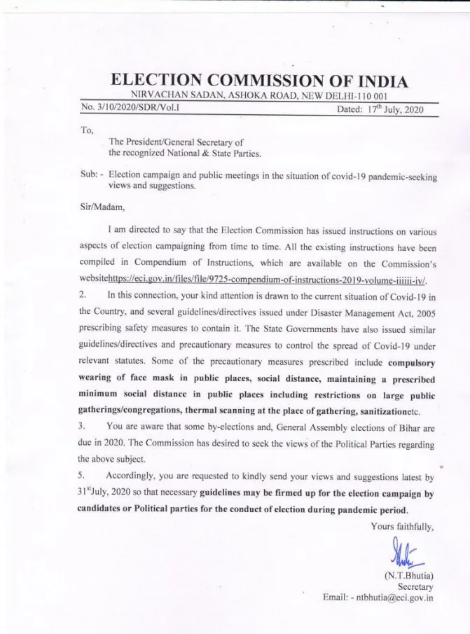coronavirus election campaign political parties suggestions election commission 