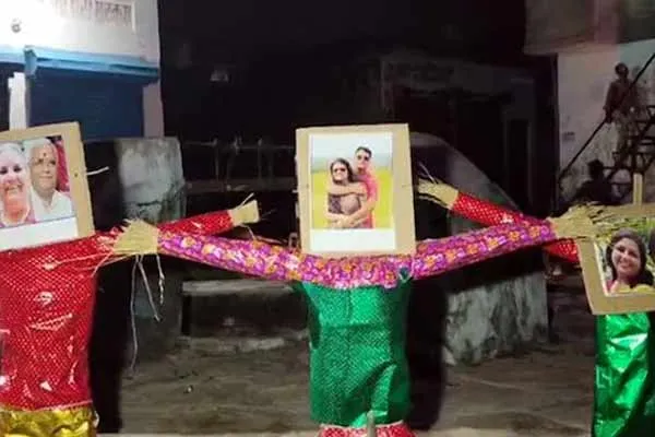 The wife burned the effigy of her husband's family