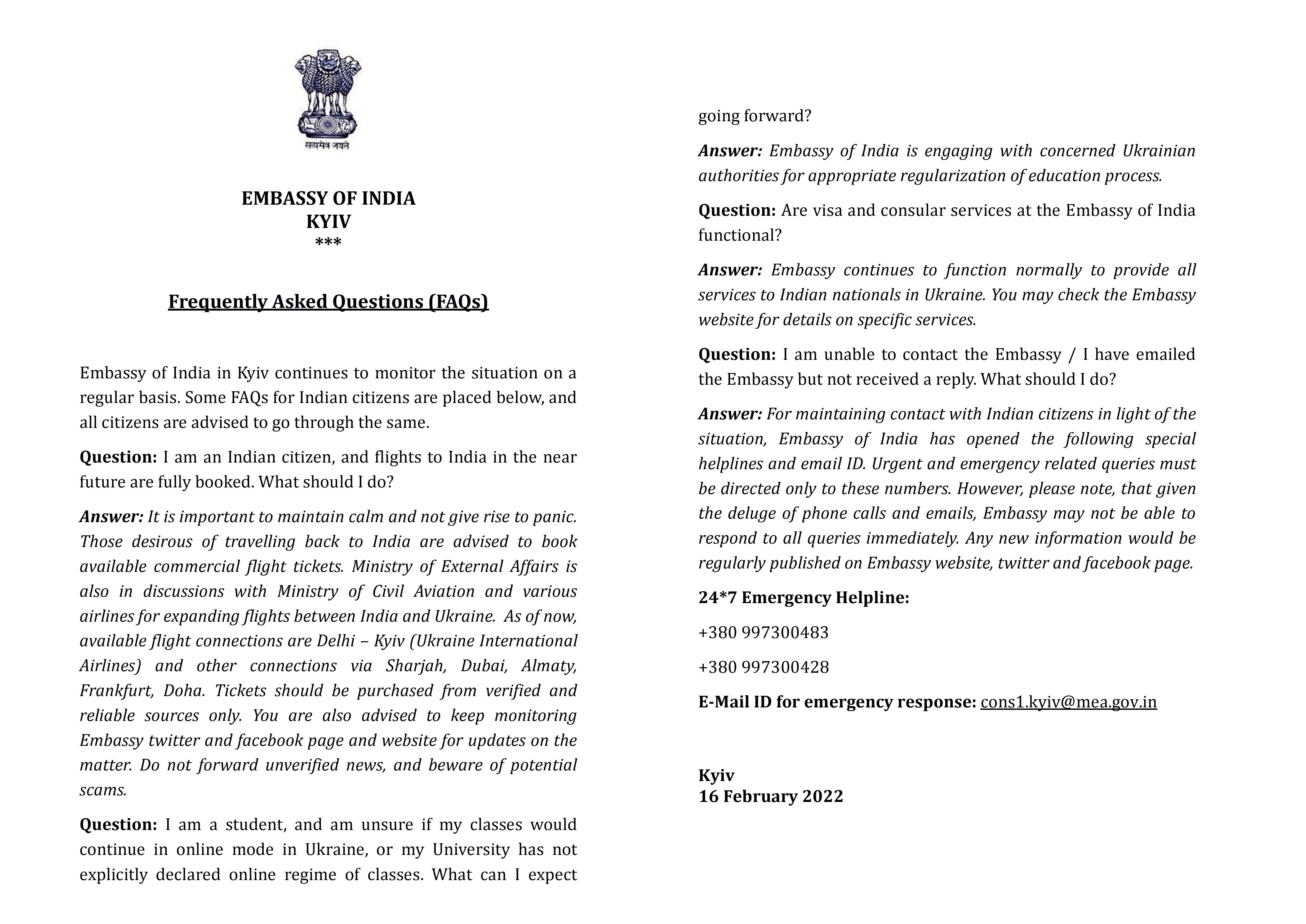 ukraine embassy of india announcement 