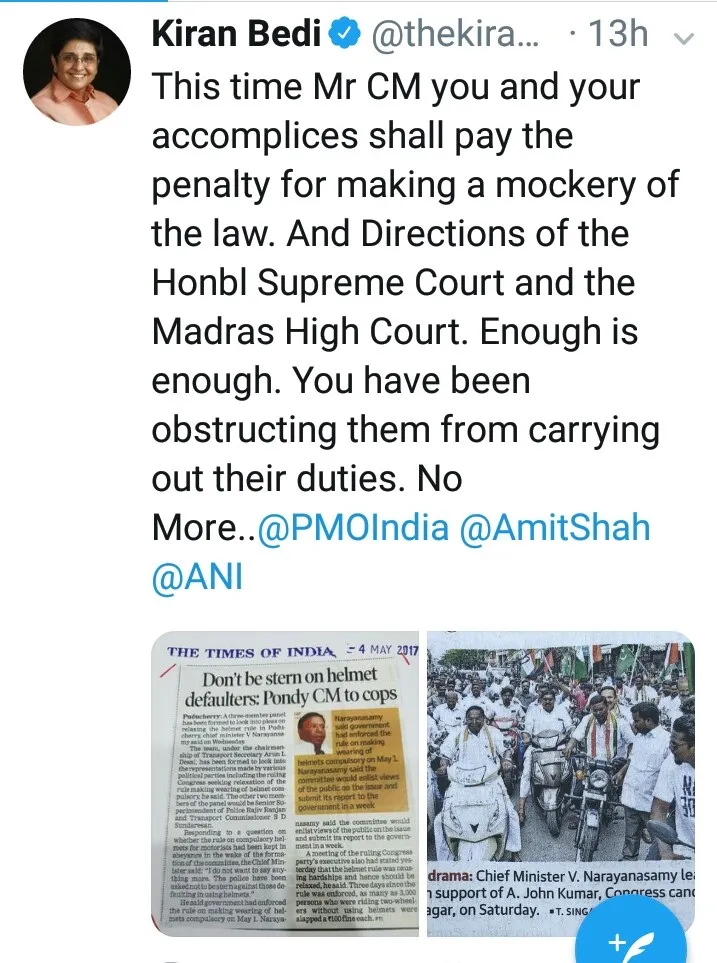 puducherry governor and cm narayanasamy helmet issue tweet 