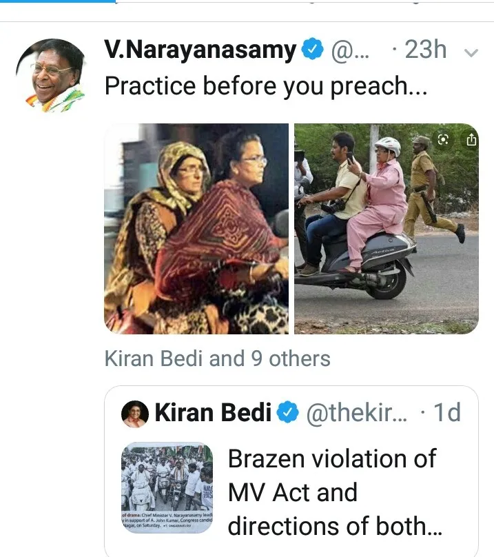 puducherry governor and cm narayanasamy helmet issue tweet 