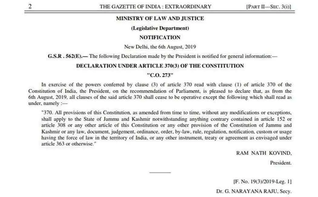 jammu kashmir issue notified in gazette