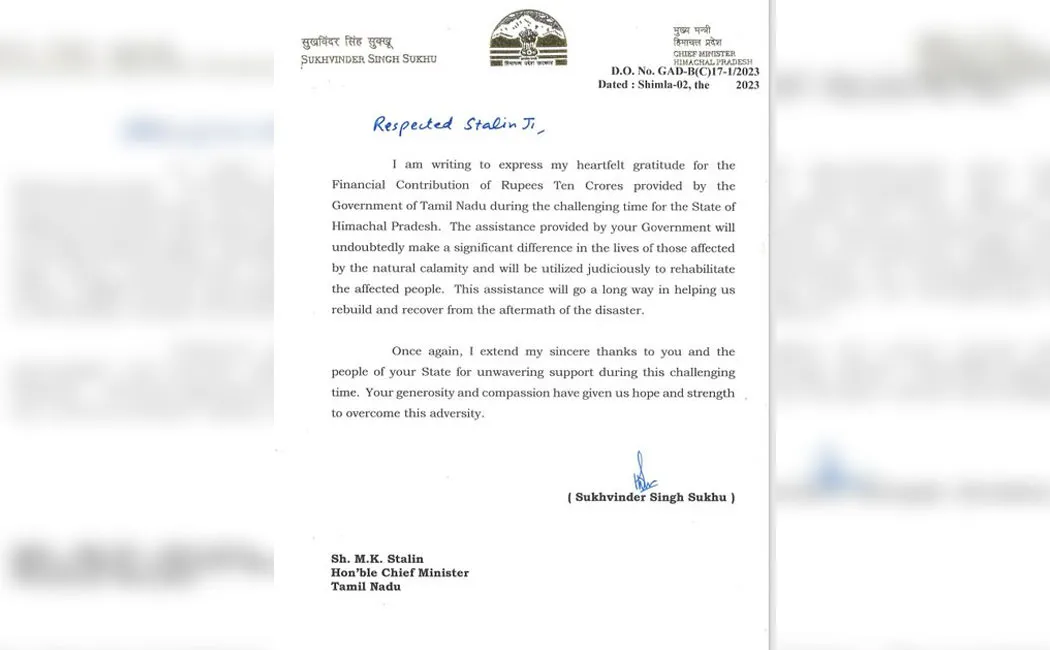 Himachal Pradesh Chief Minister thanks Tamil Nadu Chief Minister MK Stalin