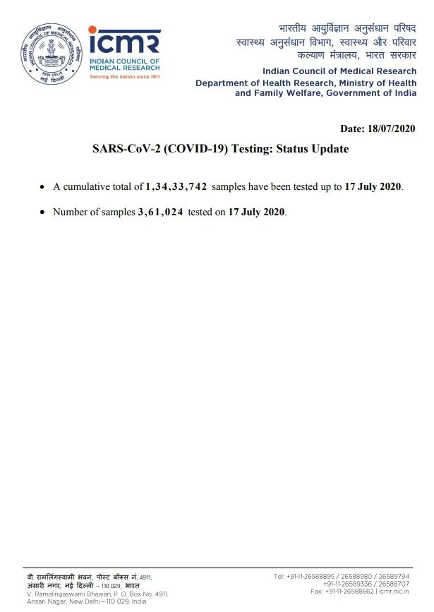 coronavirus samples tested upto july 17th icmr 