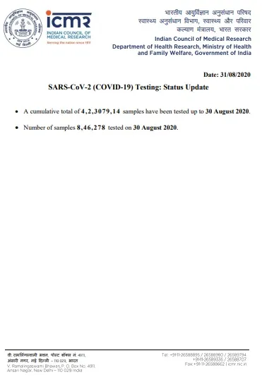india coronavirus samples tested icmr upto aug 30