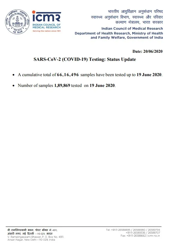 coronavirus number of samples tested icmr 