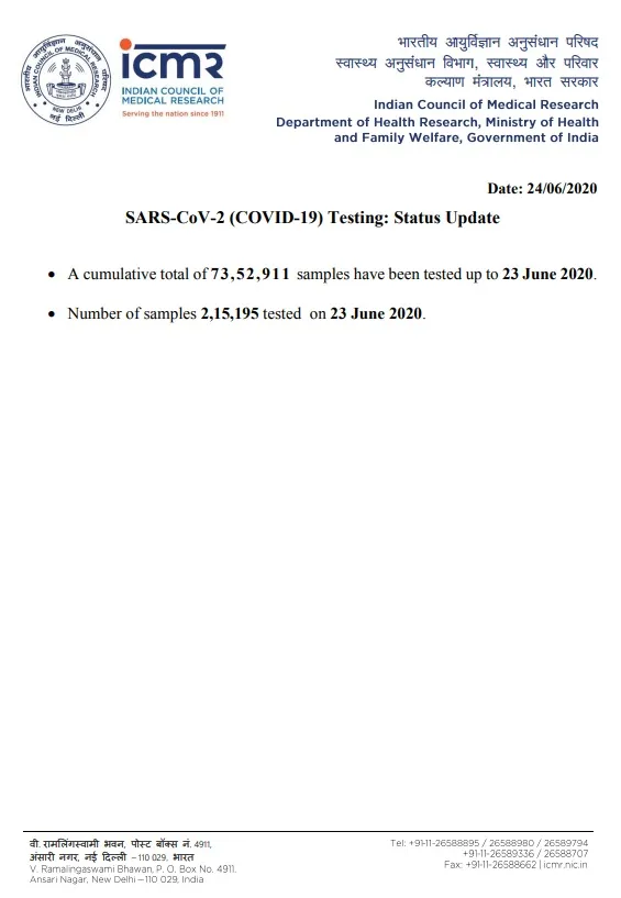 number of samples tested upto june 23 icmr 