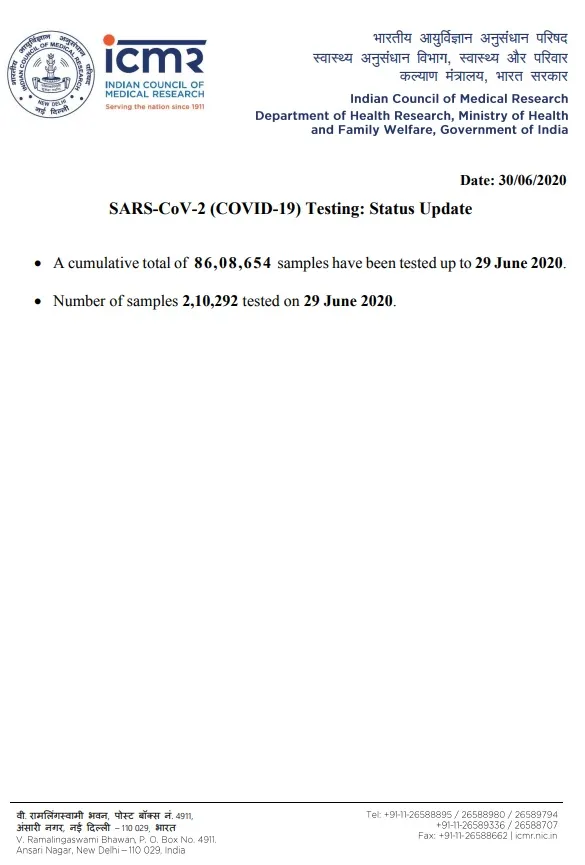 NUMBER OF SAMPLES TESTED ICMR INDIA CORONAVIRUS 