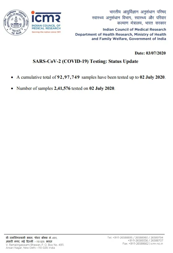 coronavirus india samples tested icmr 