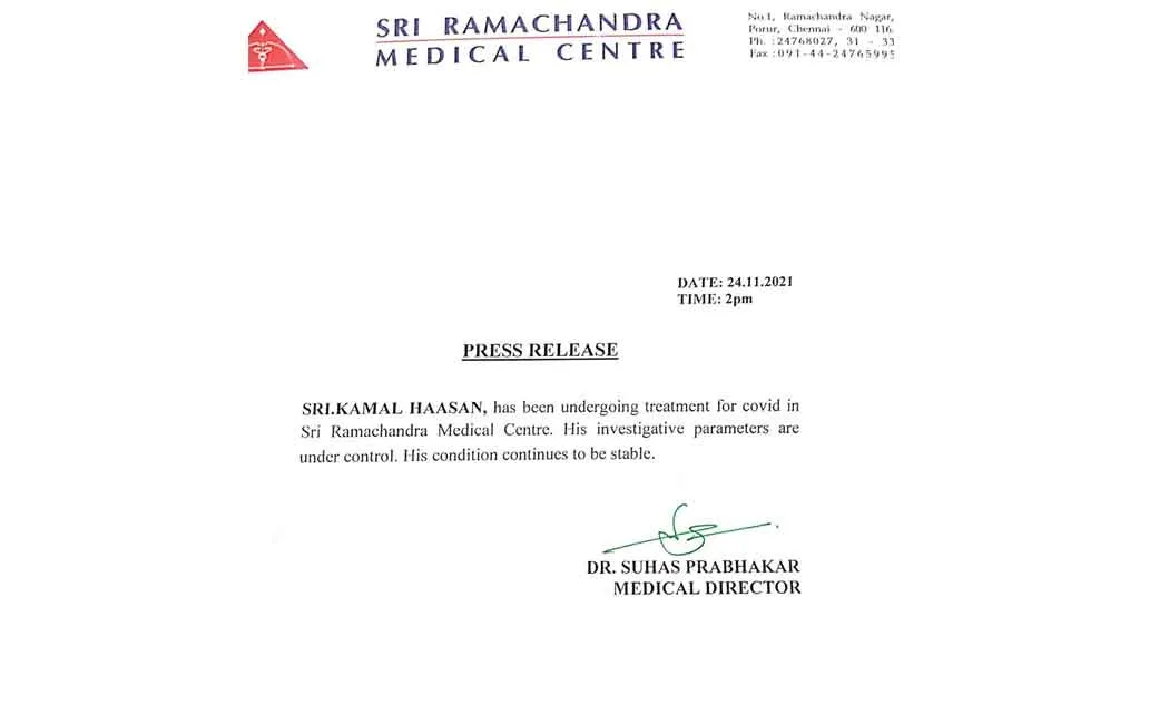 Hospital report on Kamal Haasan's health