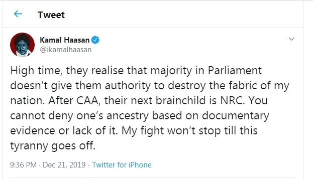 citizenship amendment bill 2019 makkal needhi maiam kamal hassan tweet 