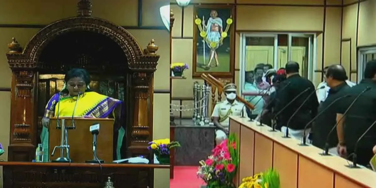  Boycotting Governor's speech... DMK walk out with black shirts!