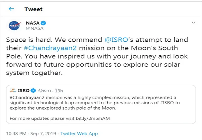 america nasa tweet in isro chandrayaan 2 project join us research the sun in future 