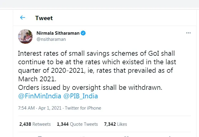 Interest rates of small savings schemes government order withdraw union finance minister 