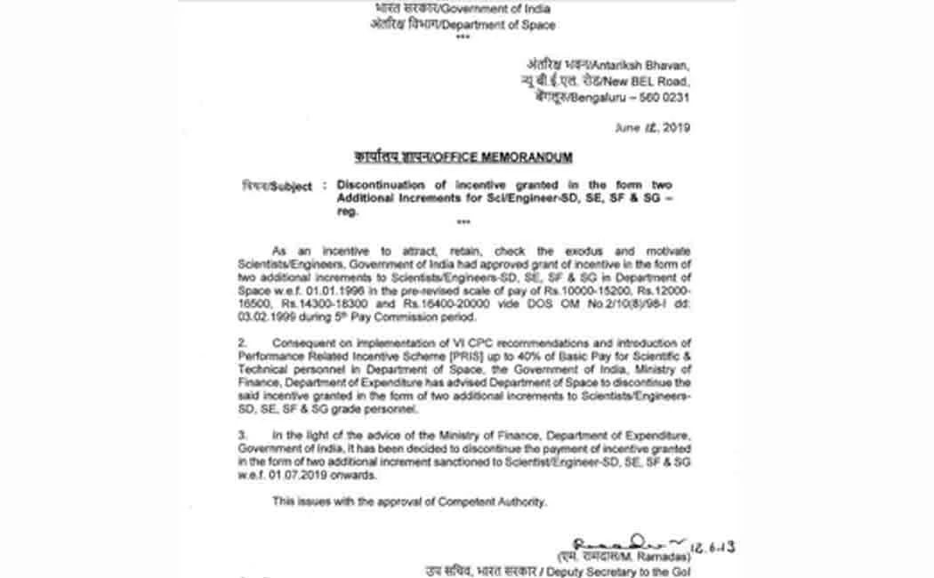 central government cuts increment for isro scientists