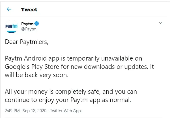 google play store patym app removed 