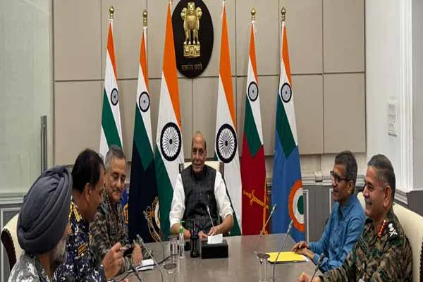 Union Minister Rajnath Singh holds consultations with the Chiefs of the Tri Services 
